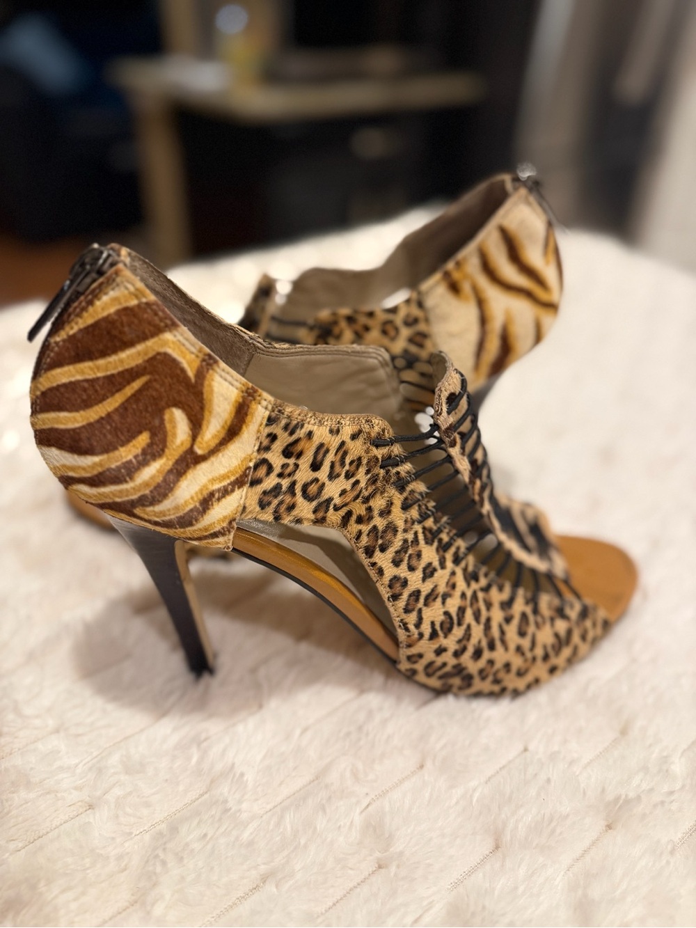 Nine West Leopard & Zebra Print High Heel Sandals - Brown/Tan - Women Size 10